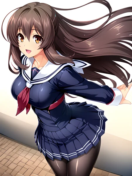 (masterpiece),(best quality),(ultra-detailed),(best illustration),(best shadow),(absurdres),(detailed background),(very aesthetic), marina katsuragi, schooluni, 1girl, solo, large breasts, long hair, brown hair, pantyhose, school uniform, skirt, open mouth, smile, black pantyhose, serafuku, white background, simple background, looking at viewer, pleated skirt, smile, upper body view, <lora:XL-Marina_Katsuragièå_ççå¥_-_Kouyoku_Senki_ExS-TiAå
翼æ¦å§«ã¨ã¯ã¹ãã£ã¢_SDXL_Animagine_XL_3.1v2:1>