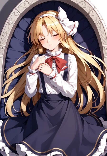 score_9_up, score_8_up, score_7_up, BREAK source_anime, (masterpiece), (best quality), 1girl, kurumi (touhou), long hair, blonde hair, bow, shirt, skirt, black suspenders, white hair band, long sleeves, closed eyes, (ultra detailed), shine, lied in coffin, coffin, <lora:kurumi(touhou)-V1:1>