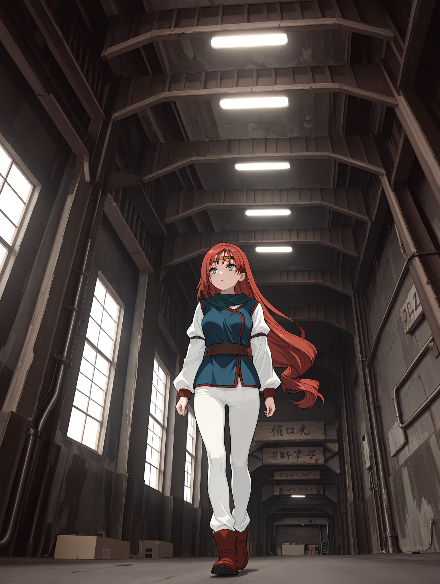 masterpiece,best quality,newest,1girl,solo,
<lora:warehouse02_ilxl_v1:1>,w_h,ceiling light,indoors,industrial pipe,sign,wall,high ceiling,<lora:Fixhands_anime_bdsqlsz_V1:1>,landscape,fantasy,<lora:elenoa_ilxl_v3.1:1>,elenoa,red hair,very long hair,green eyes,e_circlet,e_02clothes,long_sleeves,white sleeves,blue clothes,white pants,red shoes,walking,looking ahead,foreshortening,