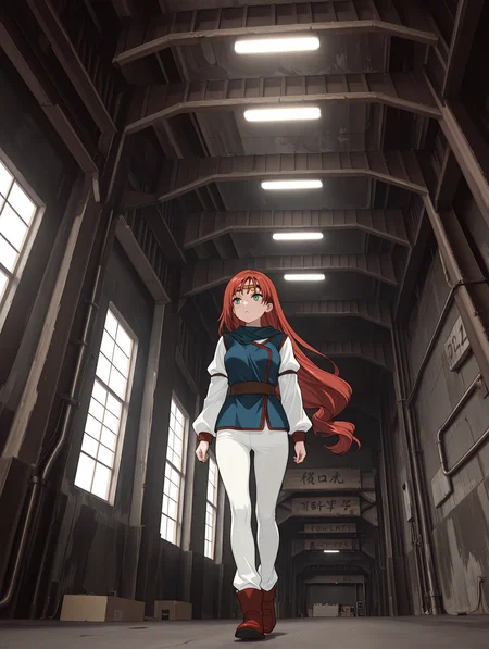 masterpiece,best quality,newest,1girl,solo,
<lora:warehouse02_ilxl_v1:1>,w_h,ceiling light,indoors,industrial pipe,sign,wall,high ceiling,<lora:Fixhands_anime_bdsqlsz_V1:1>,landscape,fantasy,<lora:elenoa_ilxl_v3.1:1>,elenoa,red hair,very long hair,green eyes,e_circlet,e_02clothes,long_sleeves,white sleeves,blue clothes,white pants,red shoes,walking,looking ahead,foreshortening,