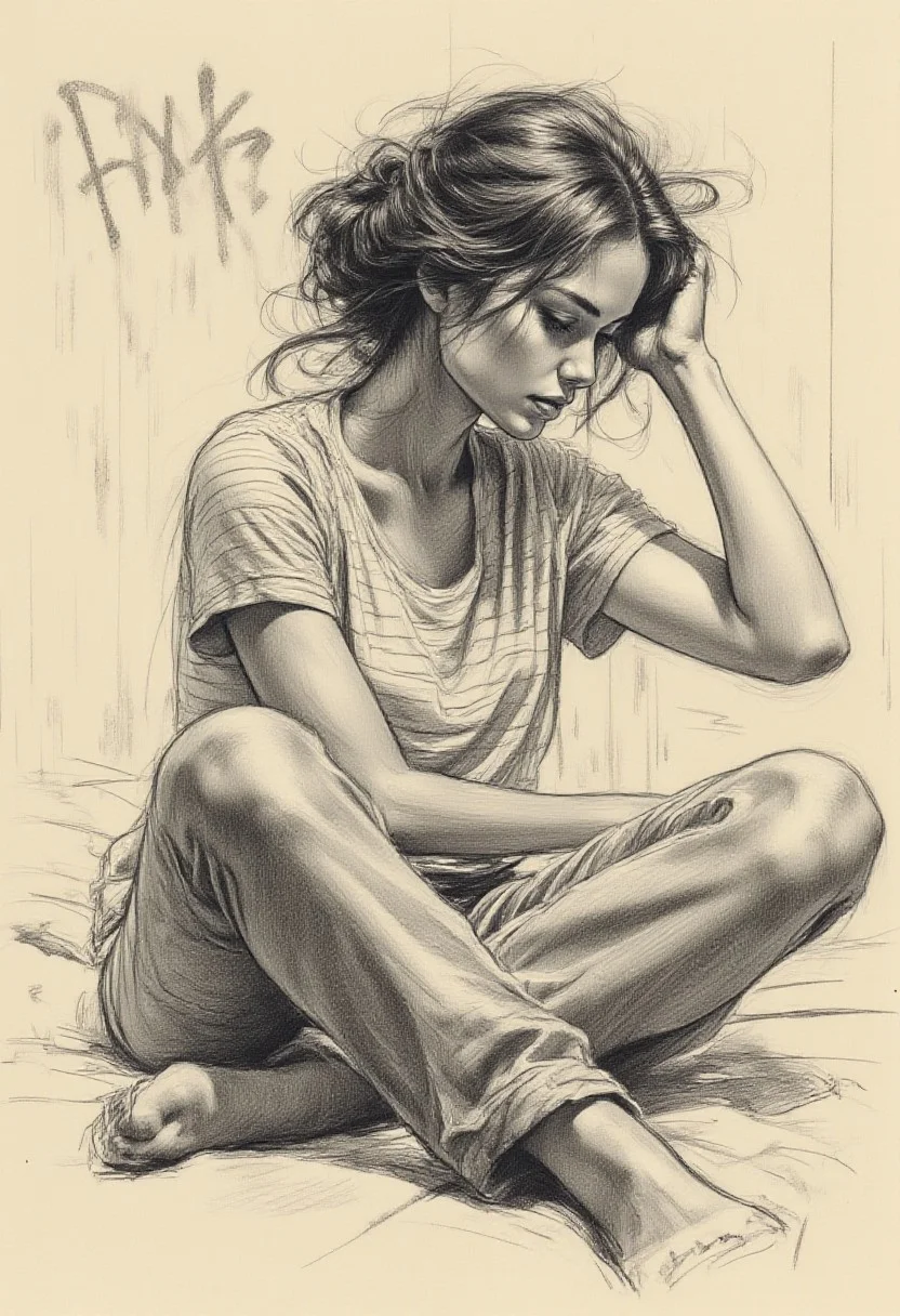 Pencil drawing, black and white, pencil strokes,
A black and white pencil sketch style, line art drawing dark, A black and white pencil sketch style,
Poster format, sketch of a woman's figure sitting on her knees on a bed touching her hair, the hair is messy, the woman is wearing a striped T-shirt, there is graffiti on the wall, sketch on old drawing paper, the drawing is done with charcoal and sanguine pencil, firm strokes, minimalist, simple, schematic