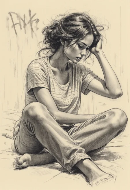 Pencil drawing, black and white, pencil strokes, 
A black and white pencil sketch style, line art drawing dark, A black and white pencil sketch style,  
 Poster format, sketch of a woman's figure sitting on her knees on a bed touching her hair, the hair is messy, the woman is wearing a striped T-shirt, there is graffiti on the wall, sketch on old drawing paper, the drawing is done with charcoal and sanguine pencil, firm strokes, minimalist, simple, schematic