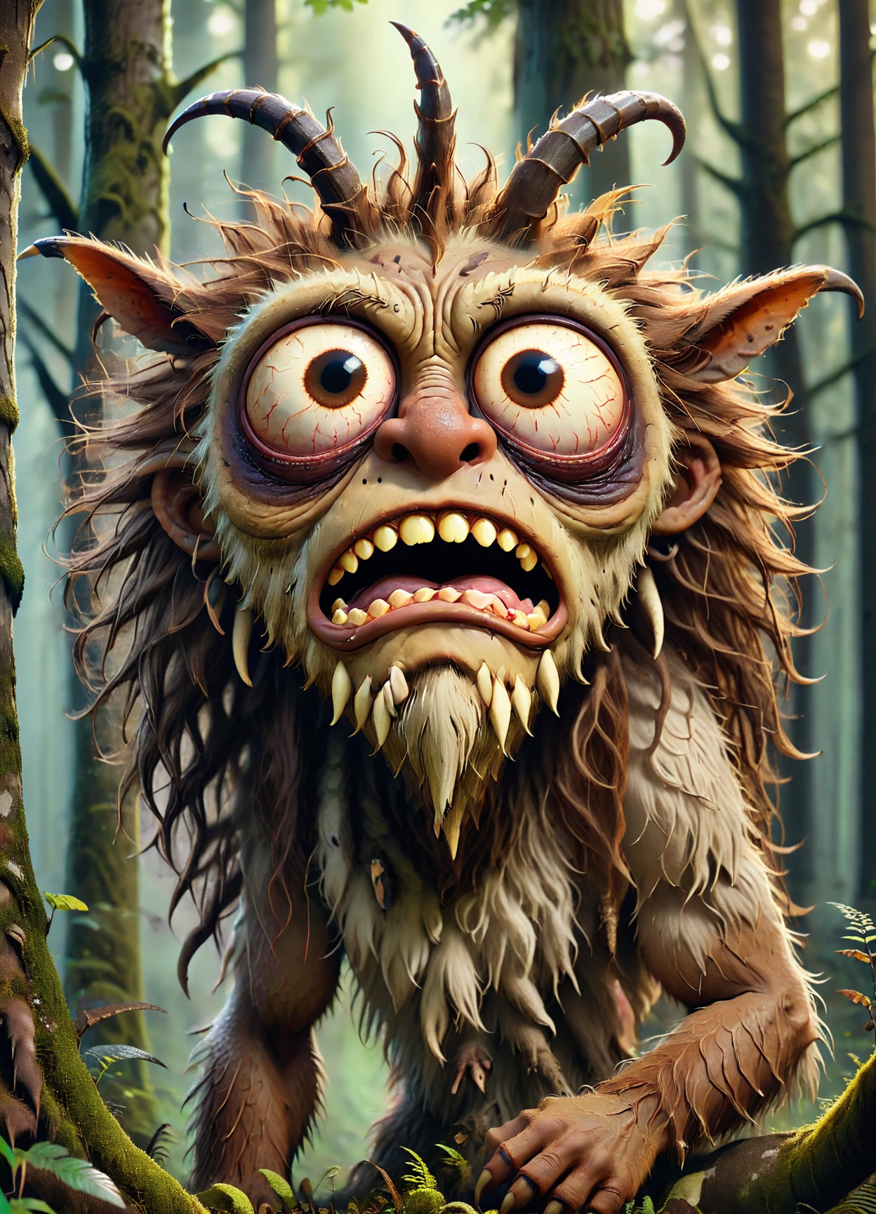 DonM1ns0mn14XL,mangkukulam, mythical humanoid being,large, strong, 8 to 10 feet tall, deep forests, thick warty brown skin, large nose, pointy ears, jutting jaw, prominent teeth, deep-set glowing eyes, long wild hair, claws, fantasy, stooped posture , <lora:DonM1ns0mn14XL:1>