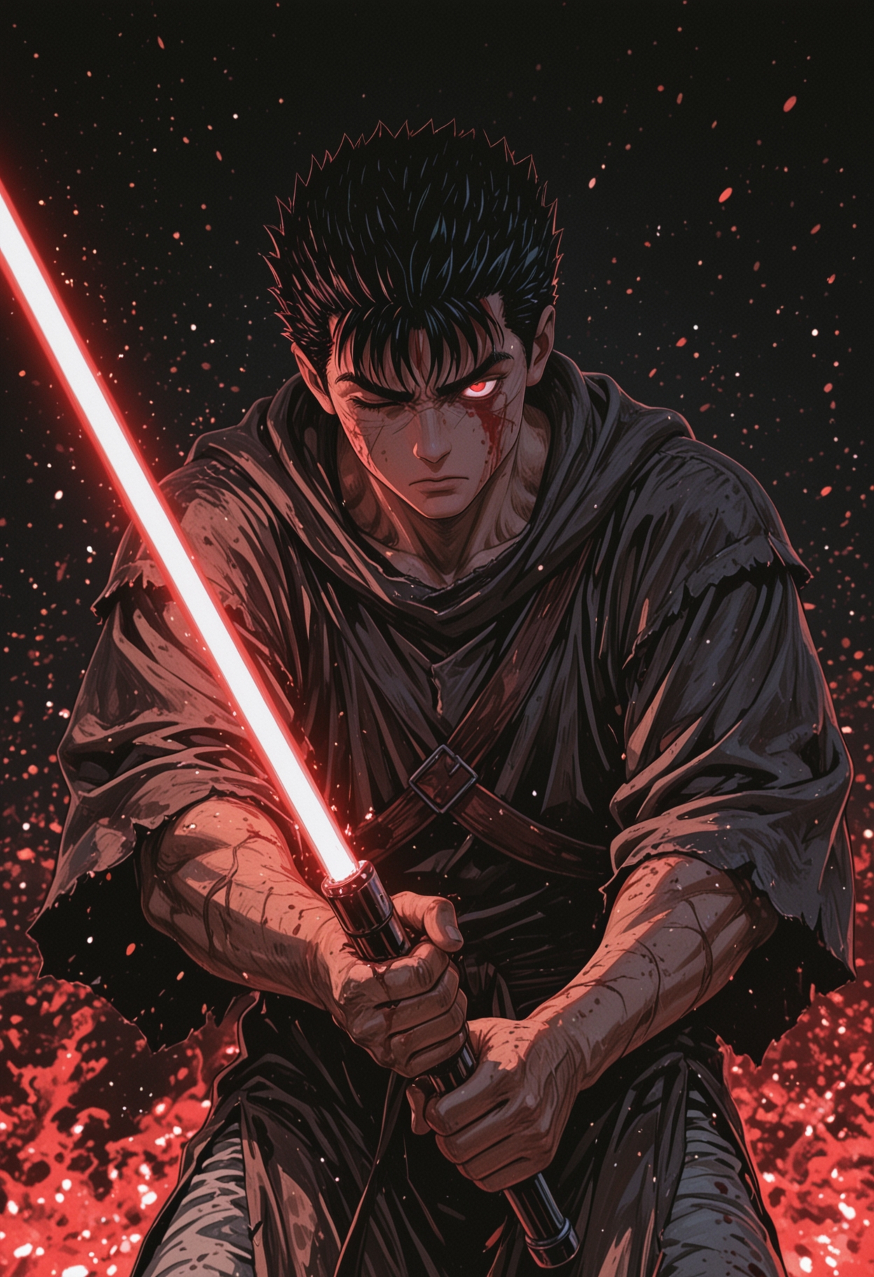 masterpiece, best quality, amazing quality, very aesthetic, absurdres, newest, (anime coloring),
solo, 1boy, guts \(berserk\), black hair, one eye closed, detailed eyes, glowing eyes, scar on face, blood on face, blood splatter, (jedi tunic, white tunic), brown robe, red neon trim, red lightsaber, red fire embers, light particles, looking at viewer, serious expression, intense gaze, cowboy shot,