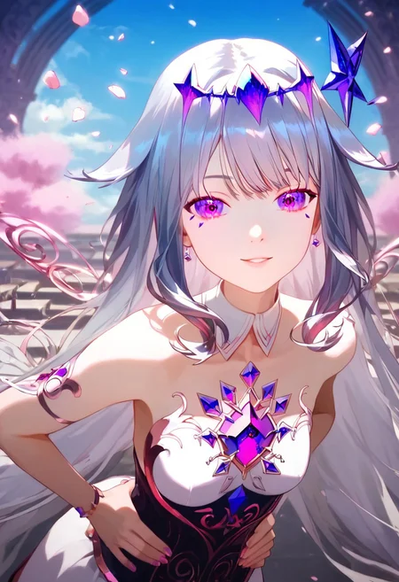 score_9, score_8_up, score_7_up, score_6_up, Expressiveh, ultra detailed, high resolution, absurdres, masterpiece, 
1girl, beautiful, aesthetic, dynamic pose, perfect hands, beautiful hands, perfect anatomy, looking at viewer, petite, short, thin, slim, detailed face, beautiful face, detailed eyes, beautiful eyes, 
bijou, long hair, dynamic hair, silver hair, purple highlight, purple eyes, small breast, detailed outfit, embellished outfit, heels,
beautiful scenery, aesthetic scenery, detailed background,
depth of field, realistic, realistic background, colorful background, vibrant background, windy,
hands on waist, playful, mischievous, teasing, slightly leaning forward,