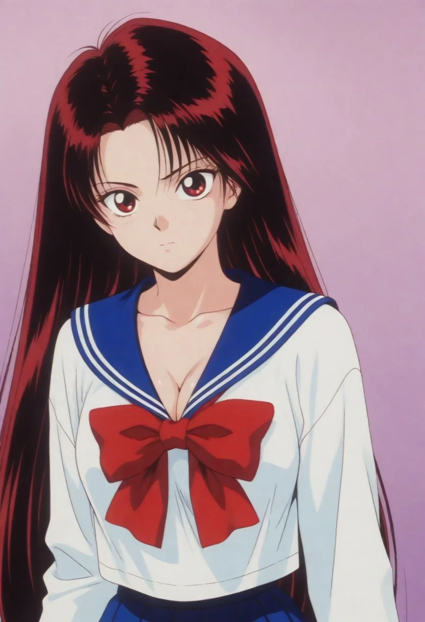 masterpiece, best quality, amazing quality,,,,<lora:izunaIL:0.8>1girl,Haduki_IzunaPO,1990s \(style\),retro artstyle, red eyes,black hair,red hair,very long hair,cleavage,collarbone, school uniform,serafuku,shirt,white shirt,blue sailor collar,bowtie,red bowtie,