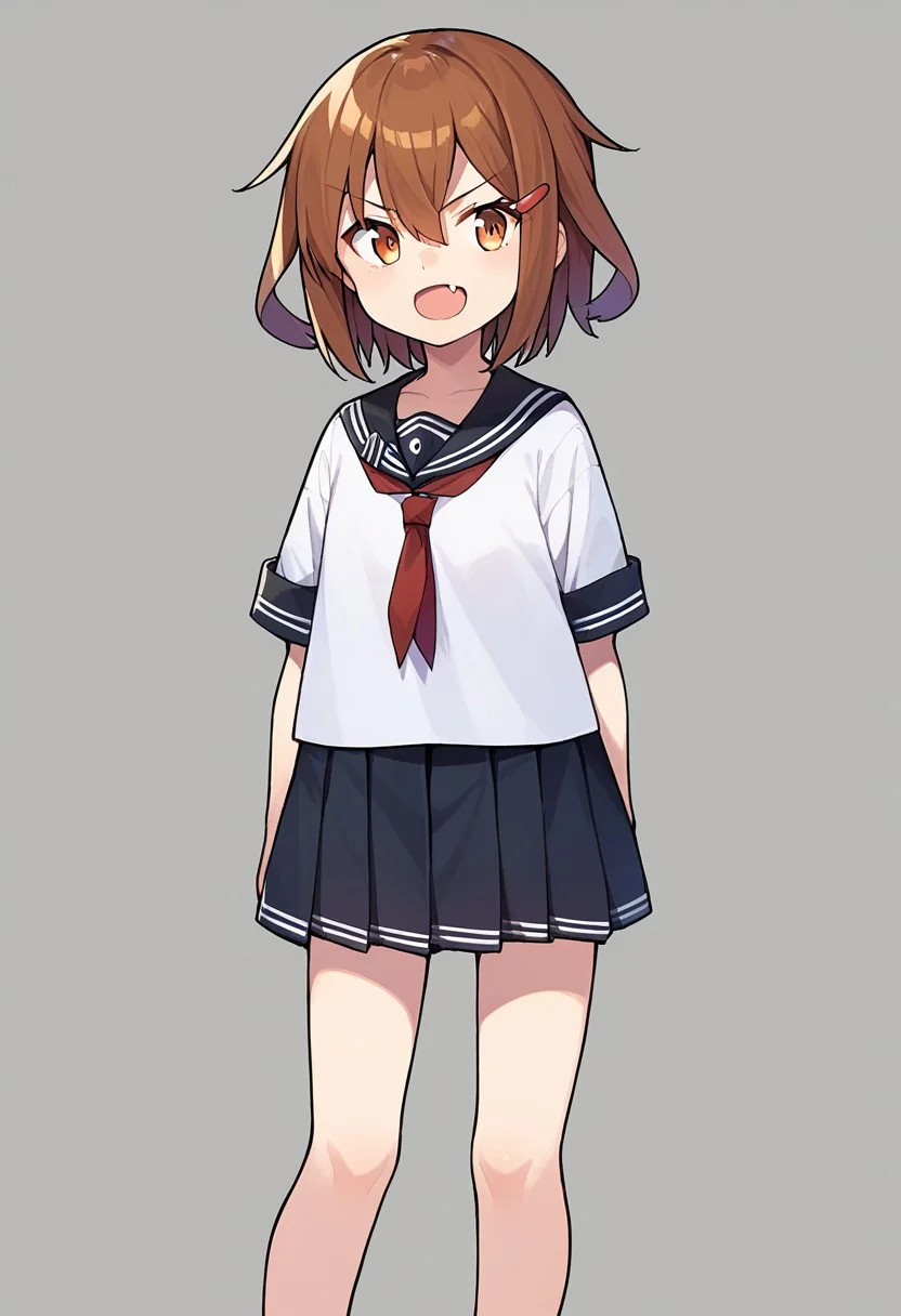 score_9, score_8, score_7, source_anime, ikazuchi (kancolle), hairclip, shirt, skin fang, cowboy shot, standing, black serafuku, zettai ryouiki, collarbone, full body, white shirt