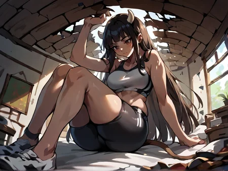 score_9, score_8_up, score_7_up, score_6_up, score_5_up, score_4_up, source_anime, 1girl, solo, cow girl, cow ears, cow tail, cow horns, dark brown hair, hime cut, long hair, sports bra, bike shorts, curvy, indoors, bedroom, bed, <lora:minigts_separate_pdxl:1> mesogts, minigts, <lora:cramped_growth:1> growth, very cramped, low ceiling, head touching ceiling, cracked ceiling