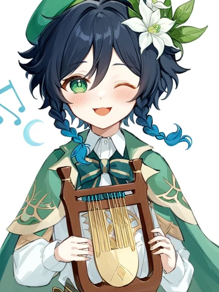 <lora:温迪:1>ï¼venti_\(genshin_impact\), 1boy, male_focus, solo, one_eye_closed, hat, flower, lyre, braid, green_headwear, white_flower, black_hair, gradient_hair, simple_background, cape, holding, white_background, twin_braids, multicolored_hair, open_mouth, instrument, long_sleeves, blue_hair, beret, bow, smile, holding_instrument, bangs, looking_at_viewer, collared_cape, blush, green_eyes, hat_flower, short_hair_with_long_locks, hair_ornament, white_shirt