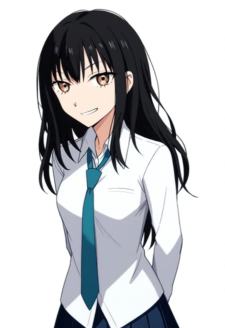 anime screencap, anime coloring,
simple background, white background,
BREAK
1girl, solo, 葵, aoi, black hair, long hair, brown eyes, school uniform, white shirt, necktie, pleated skirt,
smirk