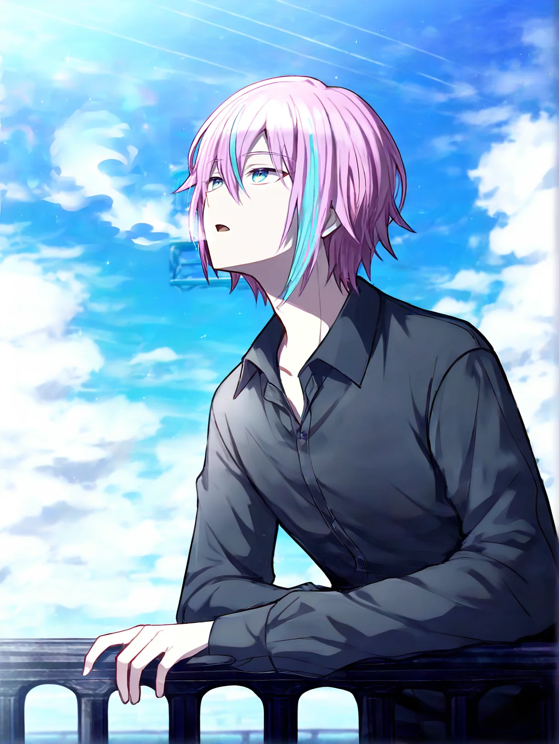 masterpiece,best quality,amazing quality,very aesthetic,absurdres,newest,huge filesize,<lora:limbus92:0.88>,limbusstyle,<lora:Best_Facial_Expression_Helper_XTREME_ILLU:0.3>,Delight,dress shirt,leaning on handrail, looking up at sky, deep breath, moment of clarity,1boy,male focus,solo,pink hair,blue eyes,project_sekai,kamishiro rui,project sekai,