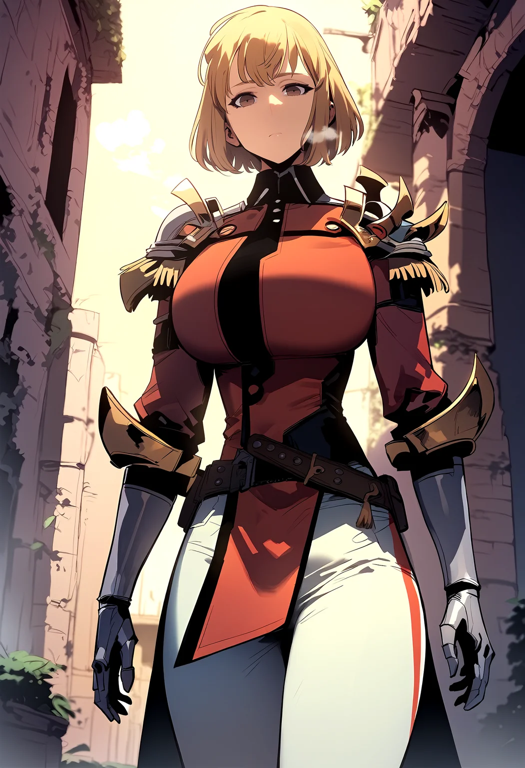 score_9, score_8_up, score_7_up, score_6_up, source_anime, rating_explicit, <lora:neg4all_bdsqlsz_V3.5:2.0>1girl, (solo:1.1), huge breasts, <lora:Cha Hae-in webponyxl:1> bangs, short hair, blonde hair, brown hair, brown eyes, military uniform, red jacket, shoulder armor, belt, gauntlets, white pants, expressionless, Narrow shoulders, heavy breathing, steaming body, ruins, outdoors, looking at viewer, standing