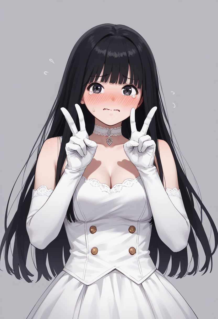 Masterpiece, Highest Quality, Score_9, Score_8_up, Score_7_up,
source_anime. anime style. masterpiece, highres, absurdres. Best resolution
1girl. Baek Dasom. black hair. long hair. blunt bangs. black eyes
gloves, elbow gloves, miniskirt, . uniform. white clothes. sleeveless. cleavage. clavicle. embarrassed. choker. indoor. be nervous. raarami. wavy mouth. teary eyes. v pose