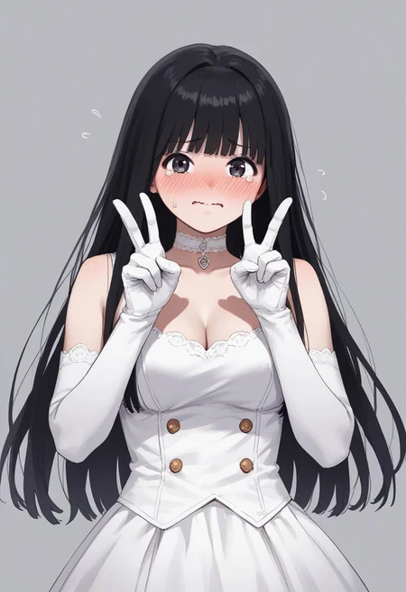Masterpiece, Highest Quality, Score_9, Score_8_up, Score_7_up,
source_anime. anime style. masterpiece, highres, absurdres. Best resolution
1girl. Baek Dasom. black hair. long hair. blunt bangs. black eyes
gloves, elbow gloves, miniskirt, . uniform. white clothes. sleeveless. cleavage. clavicle. embarrassed. choker. indoor. be nervous. raarami. wavy mouth. teary eyes. v pose