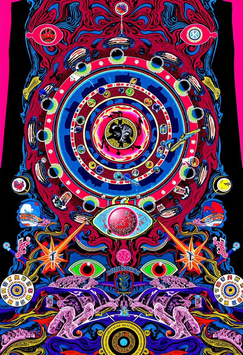 Slot machine graphics from front view . Disturbing scenes of addiction, people injecting drugs heroin, white powder, drinking alcohol smoking cigarettes. very strange surrealist style with holographic vortex featuring swirls of holotropic colour and glowing eyes wet distorted factory shot.