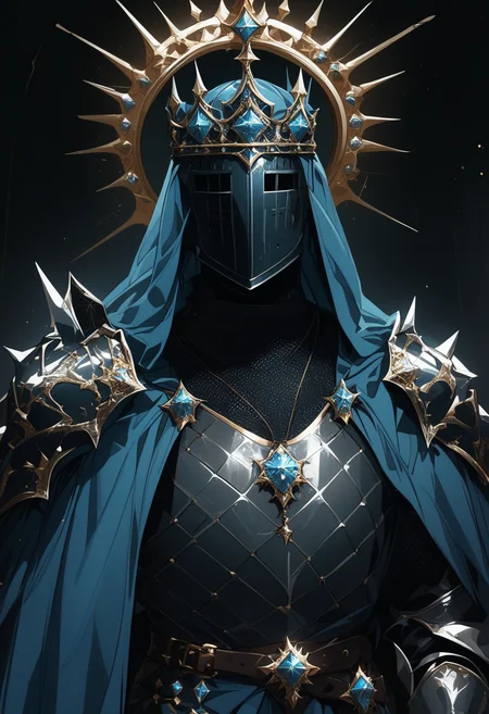 score_9, score_8_up, score_7_up, score_6_up, score_5_up, score_4_up,
<lora:ArmorSentinelV2:1>, arm0rs3nt1n3l,
spikes, templar, solo, long hair, 1boy, jewelry, upper body, male focus, belt, hand up, necklace, cape, armor, halo, arm up, ring, helmet, black background, crown, gem, shoulder armor, 1other, facing viewer, gauntlets, pendant, pauldrons, breastplate, glint, straight-on, blue cape, blue gemstone, knight, full armor, ambiguous gender, black armor, covered face, helm, plate armor, chainmail