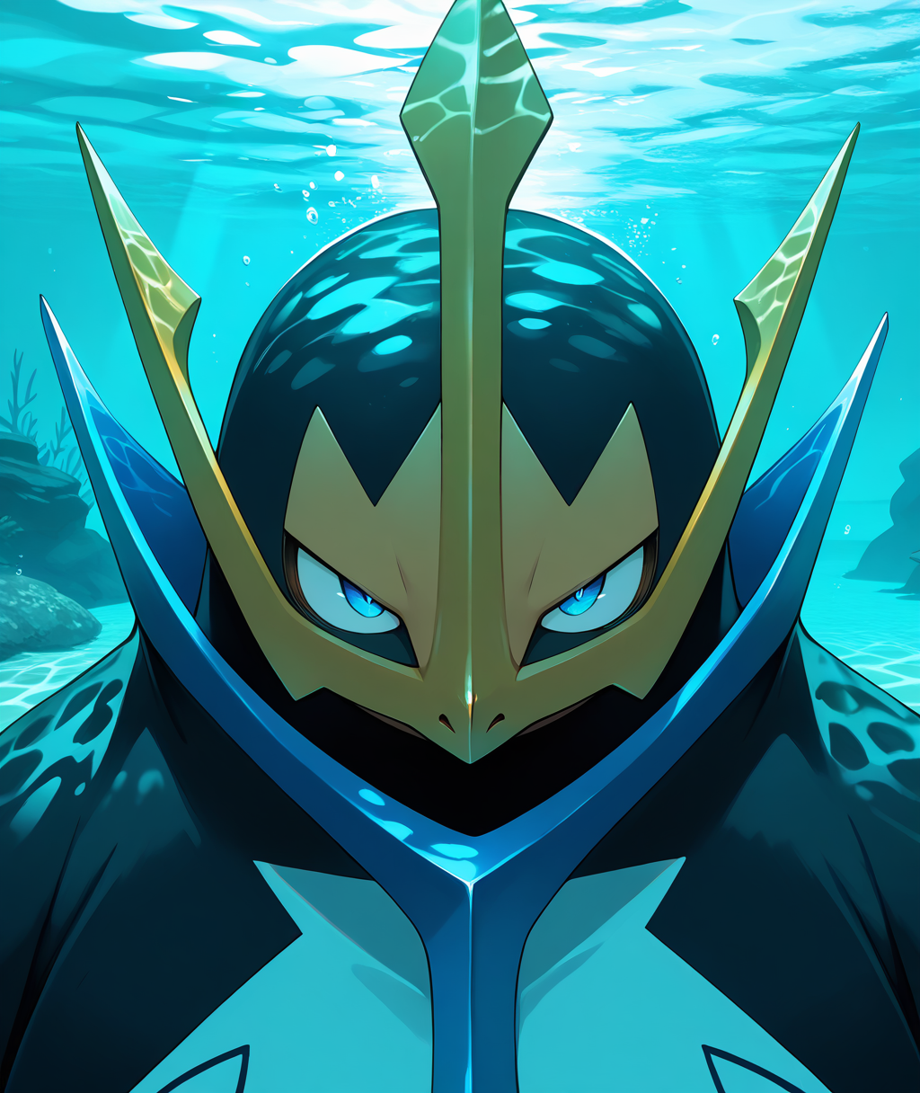 vibrant, detailed, detailed background, amazing quality, colorful, masterpiece, 8k, rtx,  <lora:empoleon-illus-15:0.9> pempo, pinguin_boy, (solo, alone), (empoleon), swimming, underwater, dappled sunlight, aqua theme, close-up, face focus,