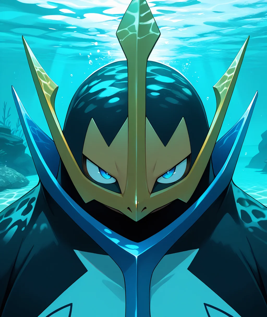 vibrant, detailed, detailed background, amazing quality, colorful, masterpiece, 8k, rtx, <lora:empoleon-illus-15:0.9> pempo, pinguin_boy, (solo, alone), (empoleon), swimming, underwater, dappled sunlight, aqua theme, close-up, face focus,