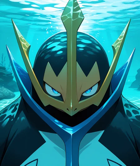 vibrant, detailed, detailed background, amazing quality, colorful, masterpiece, 8k, rtx, <lora:empoleon-illus-15:0.9> pempo, pinguin_boy, (solo, alone), (empoleon), swimming, underwater, dappled sunlight, aqua theme, close-up, face focus,