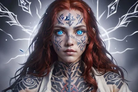 bright red hair, human female, (feminine:1.7), (beautiful face, detailed face:1.6), (beautiful eyes, detailed eyes:1.7), (looking at viewer, eye contact, intense:1.6), (long hair, red hair, curly hair:1.3), , ((masterpiece, best quality, high resolution, realistic, best quality,)), photo realistic, Perfect Face, (detailed face). <lora:GoodHands-vanilla:0.6> <lora:add-detail-xl:0.8>, mage, (Dress White military uniform coat), dagger, rune dagger, glowing runes, , (((glowing magic symbols tattoos, religious tattoos))), ((face tattoos)), glowing tattoos, stone tower in the background