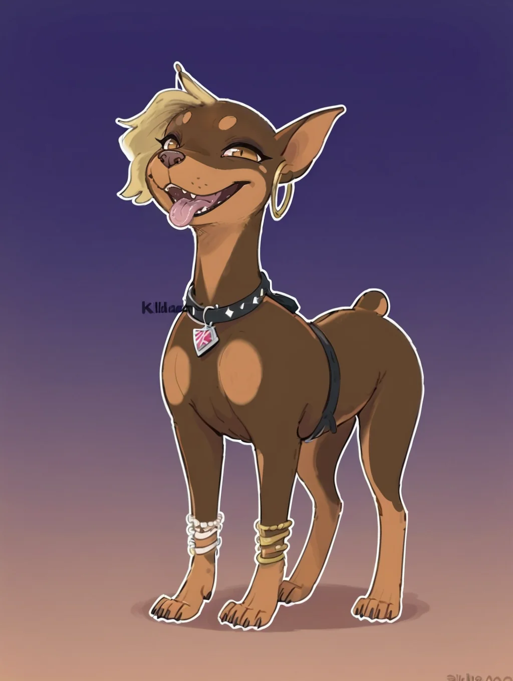 score_9_up, score_8_up, feral female, dog, dobermann, blonde side cut, pepper, solo, cute, kawaii, tongue out, silly face, outside, gradient background, <lora:Pepper-000007:1>
