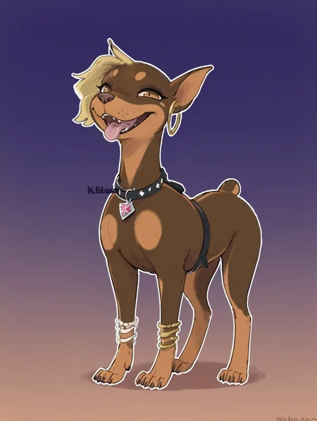 score_9_up, score_8_up, feral female, dog, dobermann, blonde side cut, pepper, solo, cute, kawaii, tongue out, silly face, outside, gradient background, <lora:Pepper-000007:1>
