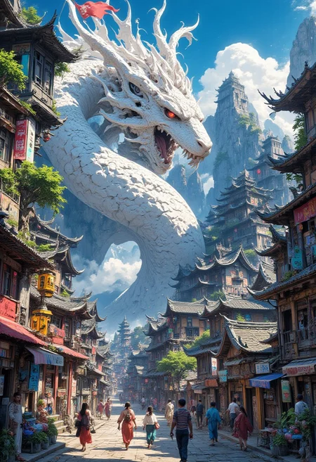 score_9, score_8_up, score_7_up,source_real, realistic, photorealistic,depth of field, highly detailed, ultra quality, 8k, best quality, epic detailed, Rim Lighting,
Create an amazing oil painting pic of the following situation: 1girl, ((a giant white dragon)), she appears high above an asian landscape, some houses, vivid natural colors, bright, amazing landscape, perfect composition, a rich and complex image of nature, a vibrant tissue of hues and textures captured digitally, best quality, double exposure, realistic, captivating, fantastical, splash art, intricately detailed, hyper detailed, maximalist style, concept art, sharp focus, harmony, serenity, calm, mysterious glow, dynamic lighting, masterpiece, superb composition, finest details, highest aesthetics, strong muted highlighter of fantastical beach rock scenery, mystical glow, best quality, sharp focus, high contrast, stylized, clear, colorful, midjourneyv6.1