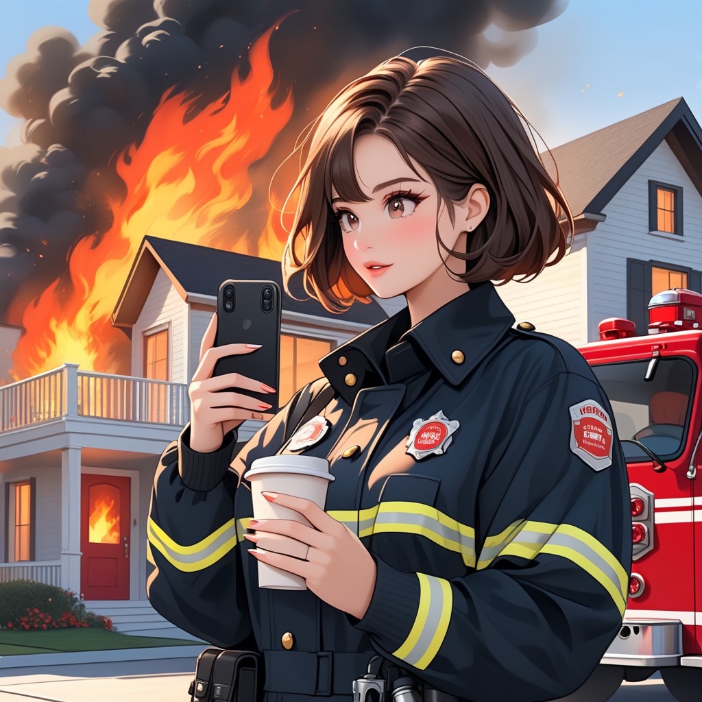 masterpiece,highres,best quality,best aesthetic, intriguing details, aaSKTm1n1,B0Y1E, solo,1woman, blush,short hair,drinking coffee, fireman uniform, standing in front of a house on fire,outdoor,firetruck, texting, emoji, speech bubble, phone,
