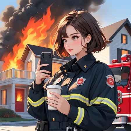 masterpiece,highres,best quality,best aesthetic, intriguing details, aaSKTm1n1,B0Y1E, solo,1woman, blush,short hair,drinking coffee, fireman uniform, standing in front of a house on fire,outdoor,firetruck, texting, emoji, speech bubble, phone,