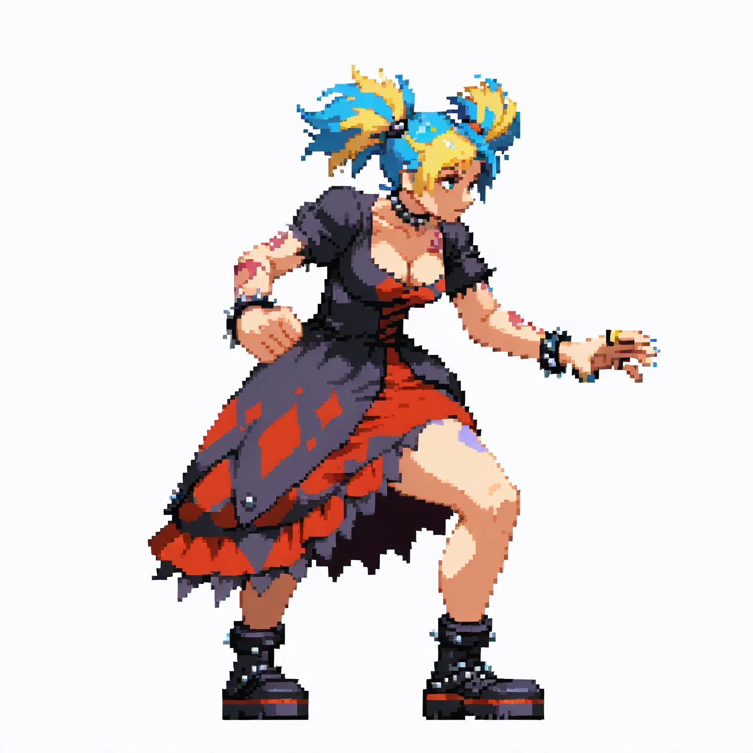 CapcomVsSnk,, white background,,
1girl, dress, punk clothes, two-tone hair, blue eyes, short sleeves, cleavage, medium breasts, bracelet, tattoo, twintails, spikes, from side, looking at away, dynamic pose, full body, hair ornament, fighting stance, 
 <lora:ACapVSsnk_Style:1.2>, pixel art,
