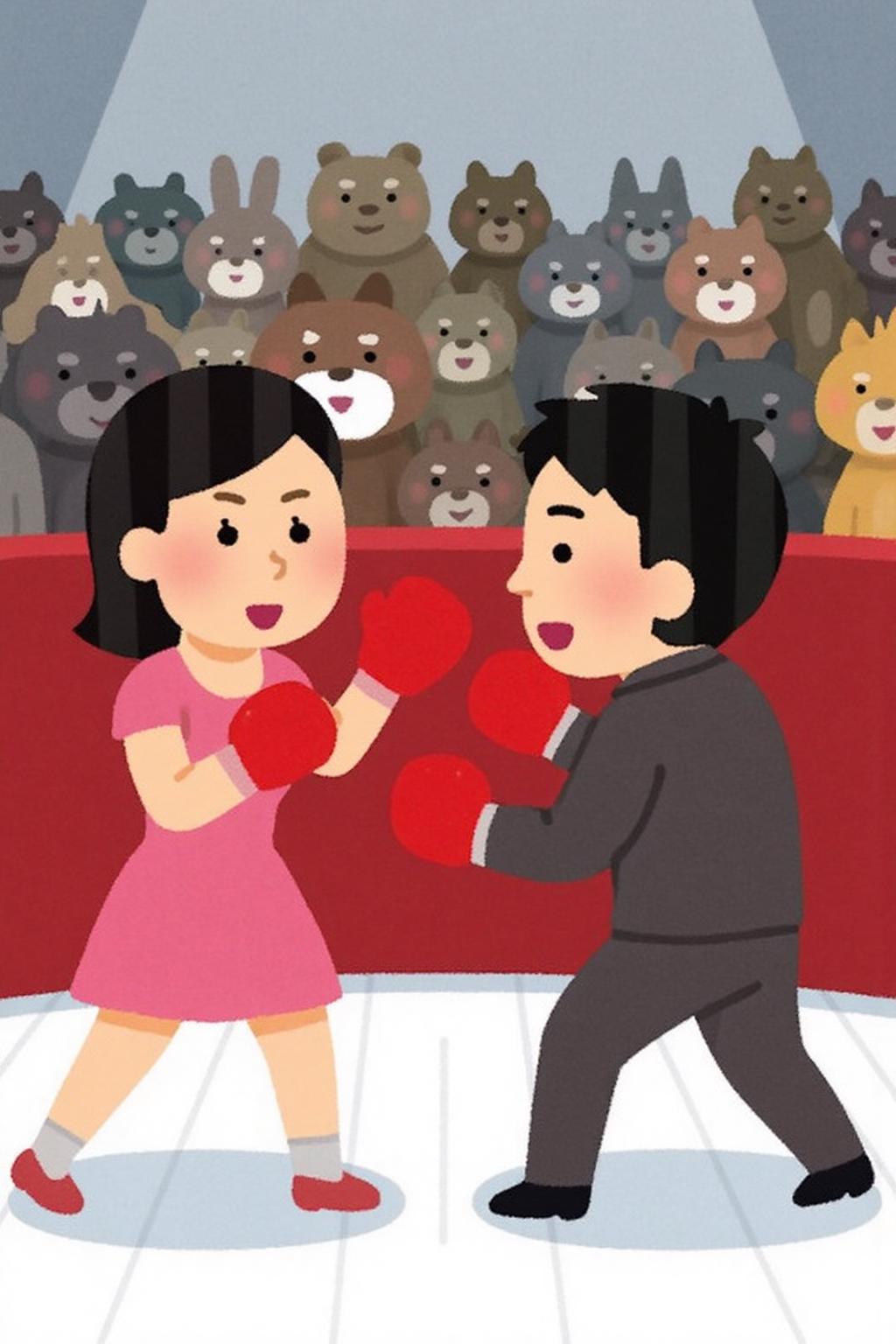 irasutoya1 illustration. A man and a woman boxing at a circus. A crowd of animals in the background are watching   
 <lora:irasutoya1_cap_d8a4e8:1.0><lora:846912376816054662:0>