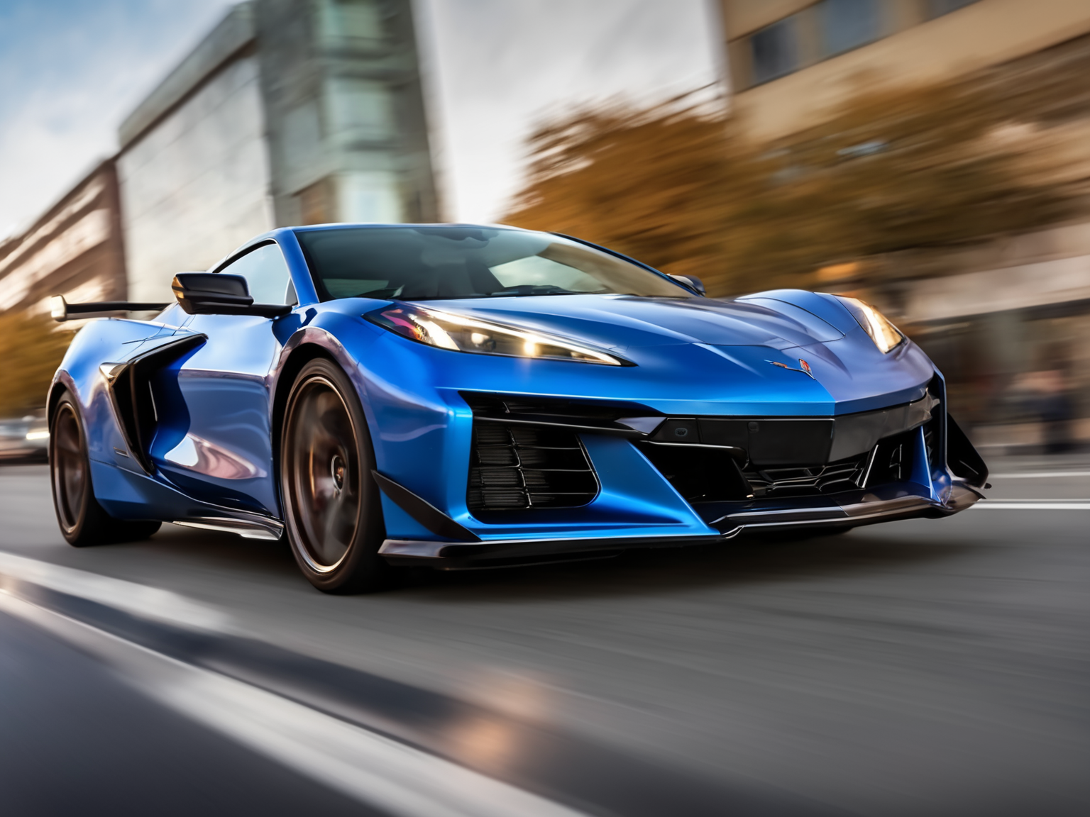 a closeup photo of cvttz06 car down the road in the city, busy street shops on the background, complete car, motion blur, 8k, uhd, golden hour ,glints <lora:cvttz06_car_t12_SDXL-000010:0.7>