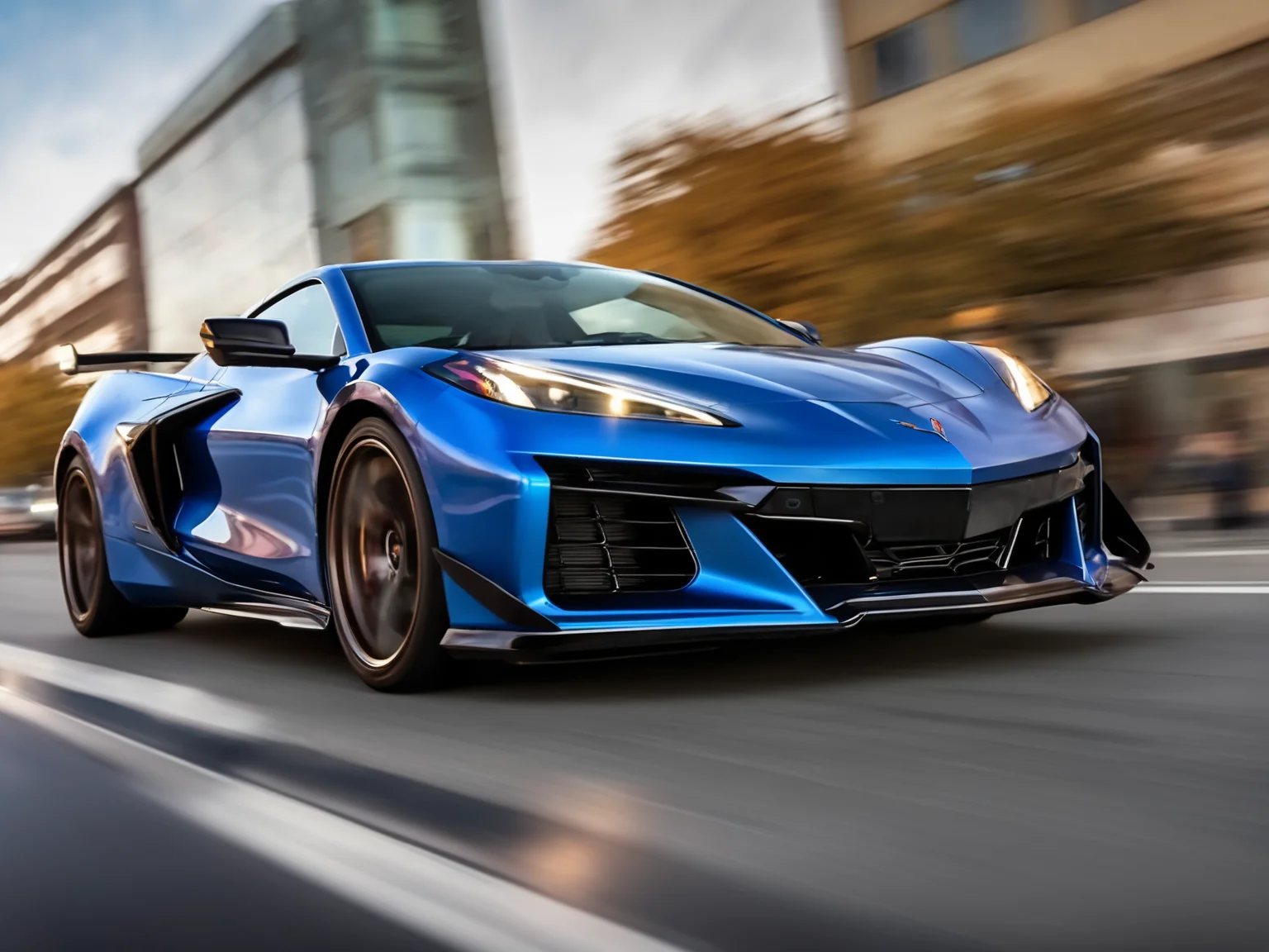 a closeup photo of cvttz06 car down the road in the city, busy street shops on the background, complete car, motion blur, 8k, uhd, golden hour ,glints <lora:cvttz06_car_t12_SDXL-000010:0.7>