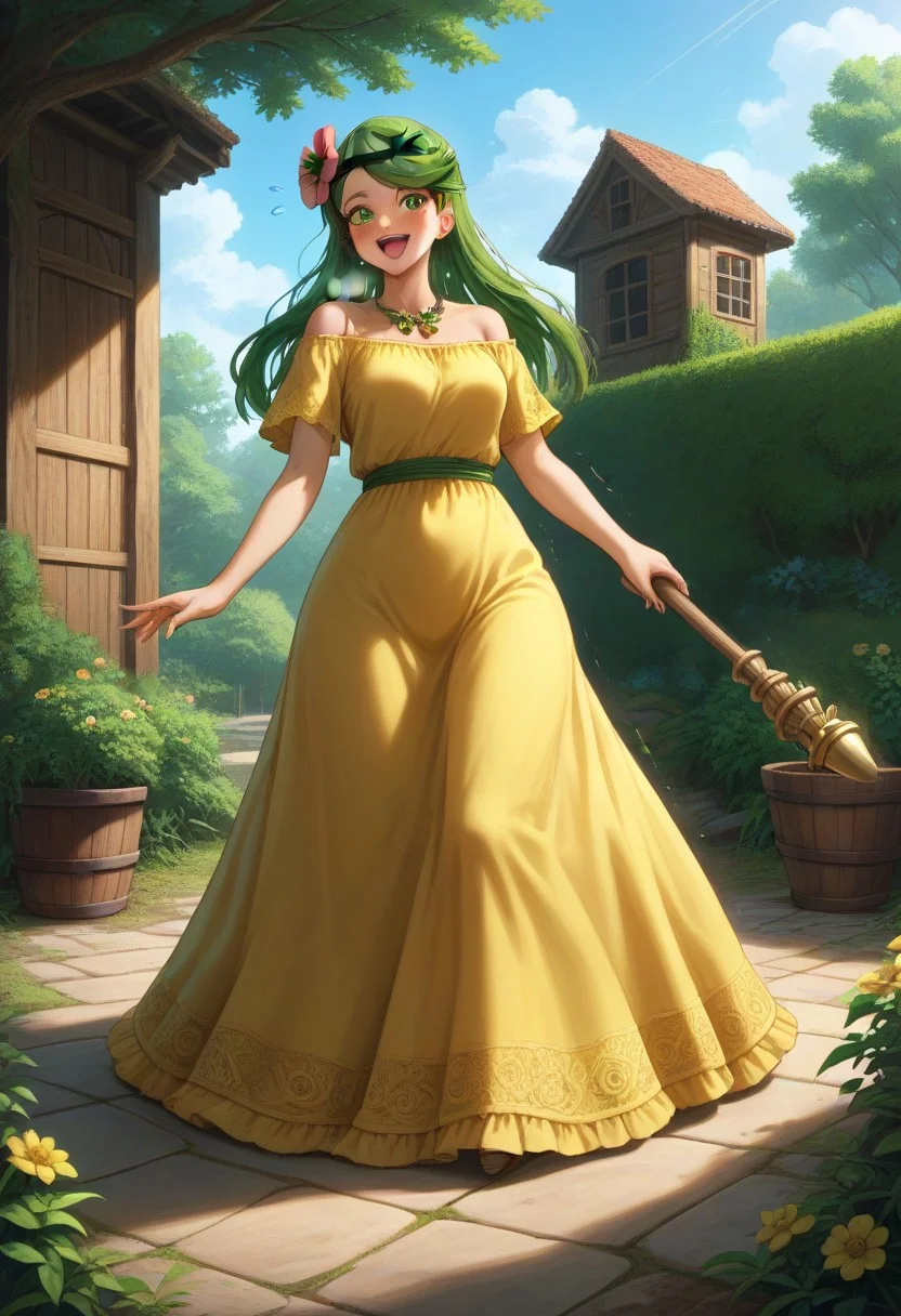 score_9,score_8_up,score_7_up,score_6_up,score_5_up,1girl, source_anime,20yo,mallow_(pokemon),pokemon,green_hair, green_eyes,curvy,wooden armored shoulder,dress made of wood,wooden hair accessories,wooden wall,greenhouse,glass house,conservatory,taiga forest in background,oil painting in background,wooden pot,blackberry bush,(dirt field),moss on bricks,clouds,(statues),(painted rocks),(floral crown),(beaded necklace),hair accesories,flower pattern,(vines),dress,holding wooden staff,long skirt,long dress,yellow dress,glowing eyes, (long nails),flower on hair,huge flowers,gold robes,(ice),flags,(wide hips),thick thighs,thick legs,(hand sign),(perfect hands), stone road,glowing brown orb,gold flowers,sunrays,symbols, tongue,happy,(steamy breath),(motion lines:1.4),drunk,sweat, ((drunk bubbles)),(trembling lines:1.4),(flying sweatdrops:1.4), masterpiece,best_quality,newest,absurdres,best shadow,light particles,highly detailed background,amazing quality,detailed face,highly detailed skin,very detailed clothes,emphasis lines, (very aesthetic),speed lines,high quality,best lighting,detailed eyes,dynamic angle,green aura,water,<lora:add-detail-xl:2>, PG-TR