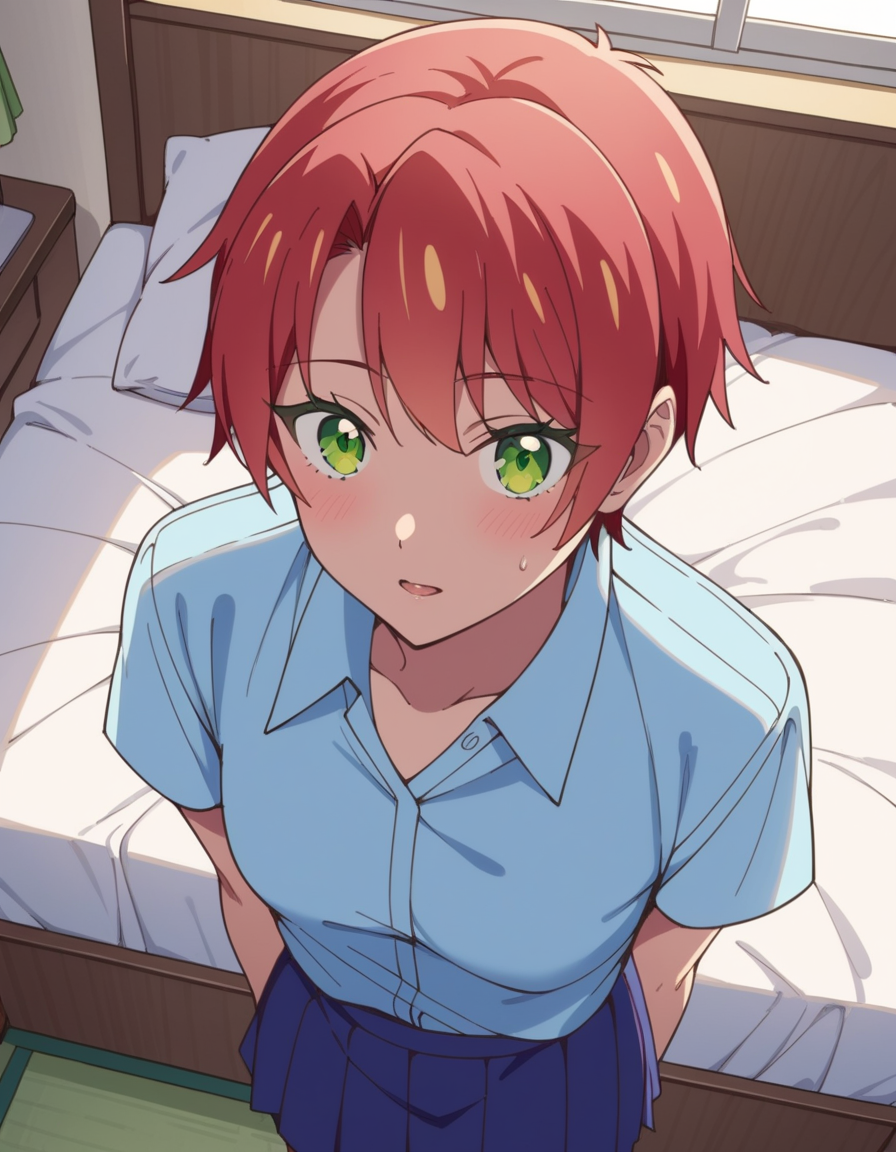 score_9, score_8_up, score_7_up, source_anime, uncensored, <lora:StS_detail_slider_v1:3>, zPDXLxxx, <lora:Mei_Hamano_PONYXL_VexVexX:1>, MeiHamano, 1girl, green eyes, red hair, short hair, bangs, medium-small breasts, school uniform, blue skirt, blue shirt, collared shirt, cowboy shot, bedroom, from above, Stand with arms raised overhead, palms facing outward, and a serene expression, evoking a sense of mystique, thighs, looking at view