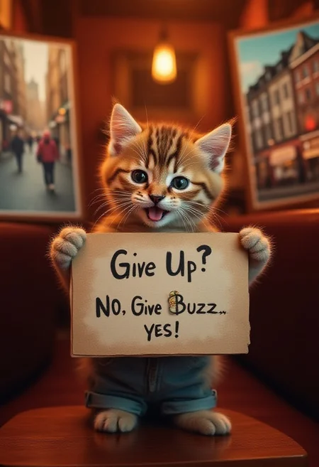 A very cute adorable charmingly down-to-earth kitten with a warm smile is seen in a lively bar, holding up a sign that reads "Give Up? No Give BUZZ? Yes!'' The kitten is dressed casually, with a relaxed demeanour that invites connection. The images on either side of him are striking photographs, capturing vibrant city scenes with a touch of nostalgia. Each image is richly detailed, showcasing a blend of modern urban life and old-world charm. The overall composition exudes a sense of warmth and familiarity, making it impossible to look away.