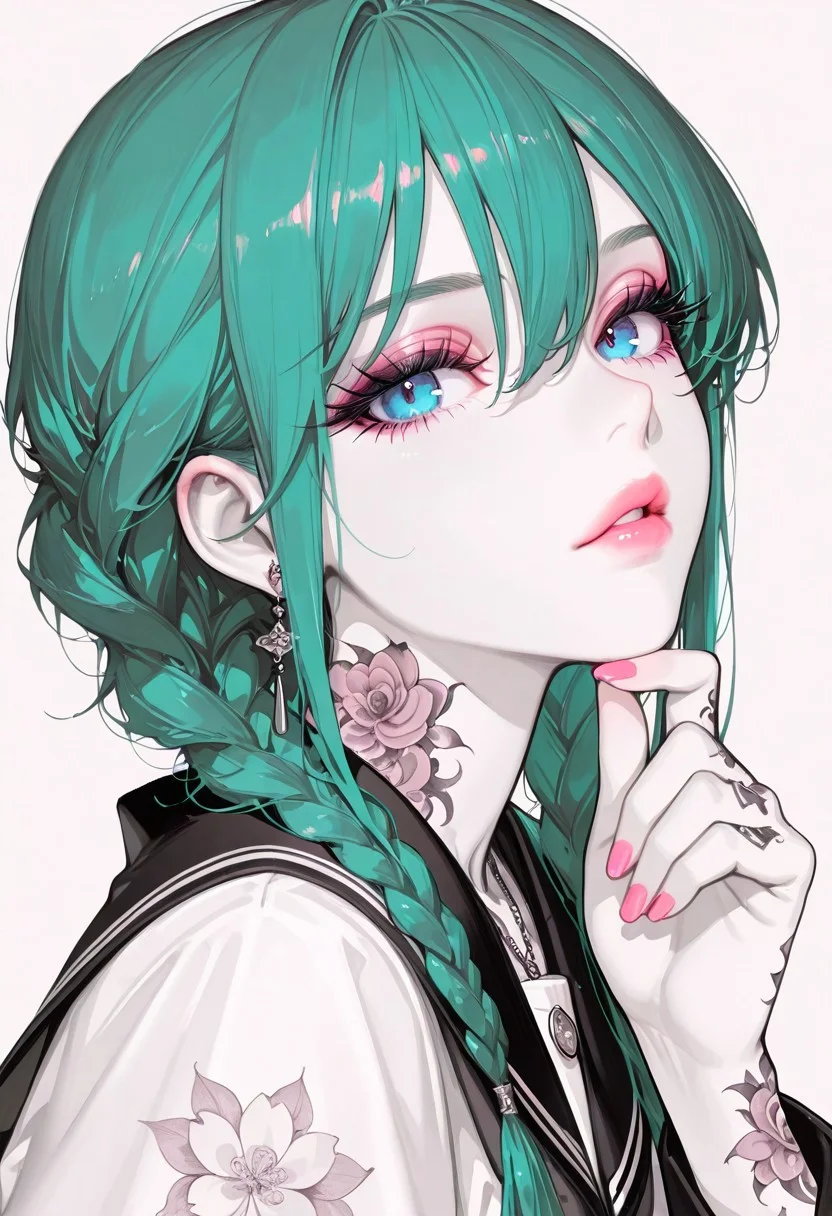 masterpiece, best quality, absurdres, highres, solo, 1girl, looking at viewer, bangs, green hair, long hair, braids, hair between eyes, neutral background, simple background, blue eyes, thick eyelashes, soft gaze, parted lips, pink lips, jewelry, earrings, necklace, arm tattoo, neck tattoo, hand tattoo, flower tattoo, spot color, school uniform, traditional japanese uniform, detailed fabric folds, elegant posture, hand up, pink nails, finger on chin, neutral color palette,