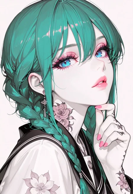 masterpiece, best quality, absurdres, highres, solo, 1girl, looking at viewer, bangs, green hair, long hair, braids, hair between eyes, neutral background, simple background, blue eyes, thick eyelashes, soft gaze, parted lips, pink lips, jewelry, earrings, necklace, arm tattoo, neck tattoo, hand tattoo, flower tattoo, spot color, school uniform, traditional japanese uniform, detailed fabric folds, elegant posture, hand up, pink nails, finger on chin, neutral color palette,