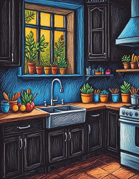 a kitchen novuschroma13 style oil pastels on black <lora:novuschroma13 style_2:1> <lora:sdxl_lightning_8step_lora:1>