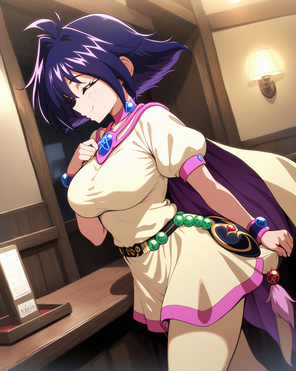 1girl,
AmeliaSlayers,
safe, solo, dutch angle, from side,
pink choker, pentacle, 
dating, smile, closed eyes, 
shopping, hand on own chest,
multicolored cape, brooch, pentagram,
taut clothes,
short sleeves, bracelet,
large breasts,
belt, 
boots,
medieval, hotel, counter, 
depth of field,
<lora:kp_AmeliaSlayersAnimagineXL_v1_0:1.0>
masterpiece, high score, great score, absurdres