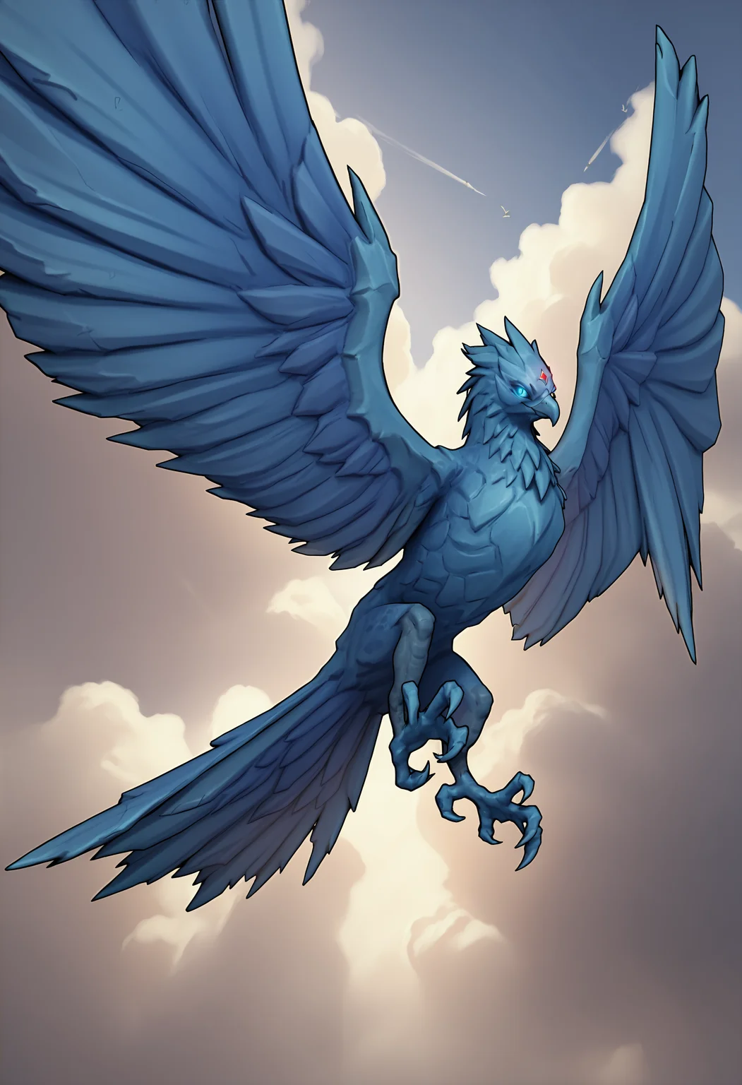 score_9, score_8_up, score_7_up, score_6_up, score_5_up, score_4_up, 1girl, <lora:Anivia:0.85> solo, no humans, bird, colored skin, blue skin, wings, feral, smile, forehead gem, blue eyes, colored sclera, blue sclera, glowing eyes, full body, from below, talons, claws, flying,
sky, clouds, 3d, render,