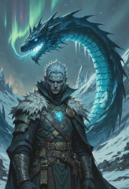 A man with silver-white hair and piercing blue eyes stands tall, his sharp features and faintly glowing runes on his skin hinting at ancient magic. His attire is a mix of fur-lined armor and intricate silver robes, shimmering with frost. Behind him looms a colossal ice wyrm, its translucent blue scales reflecting the dim light, its breath forming swirling mist. The background is a frozen wasteland, with jagged ice spires and an aurora dancing in the twilight sky. The composition is vertical, emphasizing the sorcerer’s commanding presence against the monstrous wyrm, creating a balance of elegance and danger.