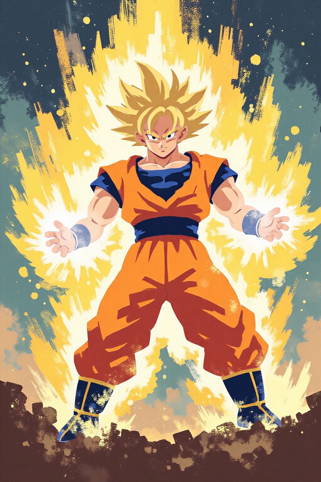 i11ustmin Illustration of Super Saiyan Goku blasting with Kamehameha <lora:minimalist_flat_nocap_nbm:1.0> <lora:Flux-Sch-SingleBlocks-BF16:1.0><lora:797953736459731364:0>