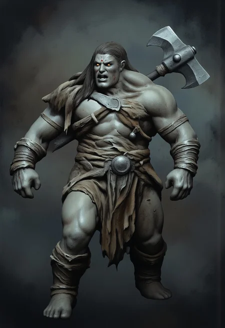 aidmaMJ6.1, Made out of paper, a PaperStyle , d4artstyle, d4concept, , d00mstyle, made of clay, ZBClay model of a gray sculpture
A brutish, obese humanoid creature with a grotesque appearance, resembling a mix of giant and troll. The creature has a bulbous nose, sagging facial features, and coarse, unkempt hair cascading from its head. Its body is bulky and fat, covered in rough, pale skin marred with scars and patches of dirt. It wears a mishmash of ragged clothing and furs, with pieces of crude leather armor strapped over its torso and arms for protection. The creature wields a massive, double-bladed axe, its muscular hands gripping the weapon with ease. The expression is a mix of aggression and dim-wittedness, conveying both its brute strength and lack of sophistication. The overall design evokes a sense of primal savagery and raw power, blending elements of barbarism and monstrosity.
Background solid color with a faded dimly lit, fog-covered darkness tone that emphasizes its silhouette.
The medium is not a traditional painting or illustrative medium like watercolor or ink but rather a digital rendering, eerie and unsettling.