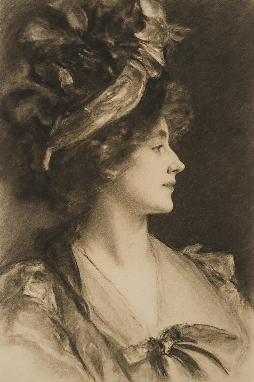 johnss1 charcoal drawing. 
charcoal drawing of a woman, rendered in a style of late 19th-century art. The drawing features a close-up, profile view of a woman with a serene, contemplative expression. The woman has curly, wavy hair cascading down her shoulders, peeking out from under a large, ornate hat. The background is shaded, creating a striking contrast that highlights the subject.
 <lora:johnss1_cap_d6a3e12:1.0><lora:824331716194922654:0>