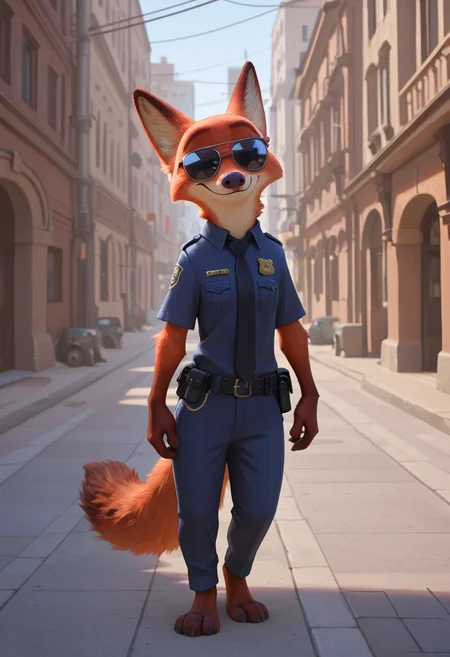 (masterpiece, best quality:1.2), amazing quality, very aesthetic, 32k, absurdres, extremely beautiful, newest, scenery, extra details, (sharp detailed:1.2),
solo, city street, sunny day,
wearing police uniform, mirrored sunglasses, smiling,
(anthro:1.5), (nickwilde:1.2, anthro fox), two tone fur, fox ears, red fur, white fur, greeneyes,
<lora:Furry_Anthro_Lora_Nick_Wilde_Zootopia:0.8>