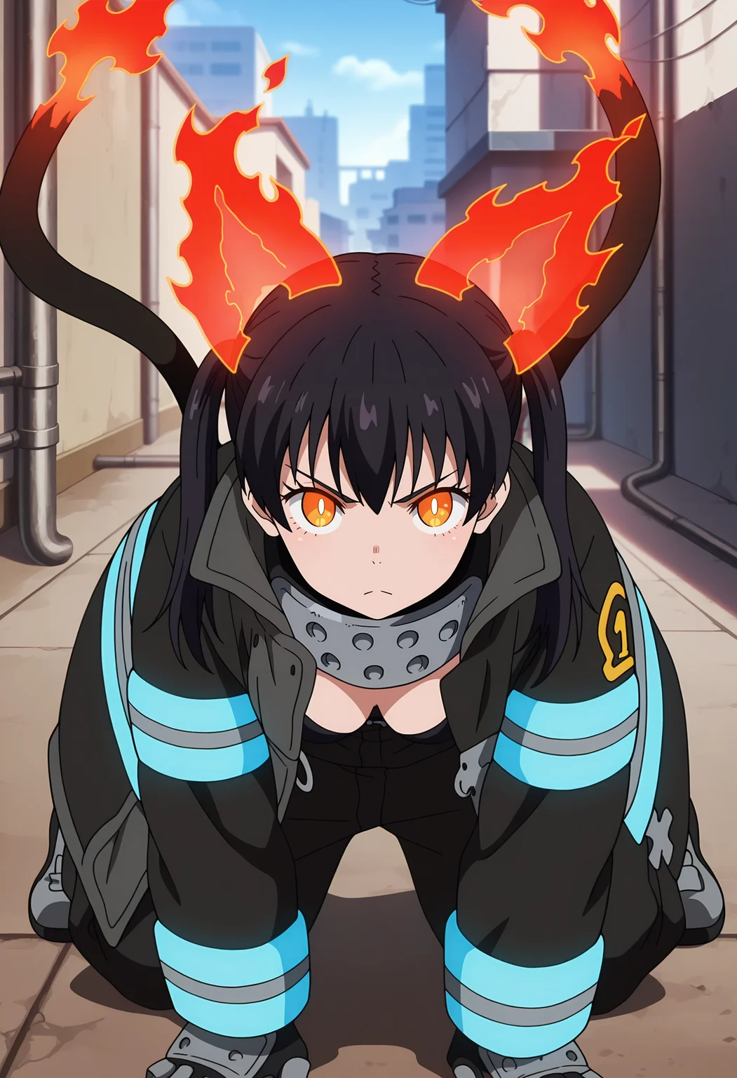 anime screencap, masterpiece, best quality,
<lora:EnenNoShouboutai_KotatsuTamaki_IlluXL:0.9>,
1girl, solo, serious, glowing eyes, fake animal ears, two tails, red fire,
twintails, medium hair, black hair, orange eyes, slit pupils, white pupils,
open coat, black coat, neon trim, blue trim, visor \(armor\), black bra, medium breasts, baggy pants,
all fours, looking at viewer,
blurry background, cityscape, day, rooftop, industrial pipe
