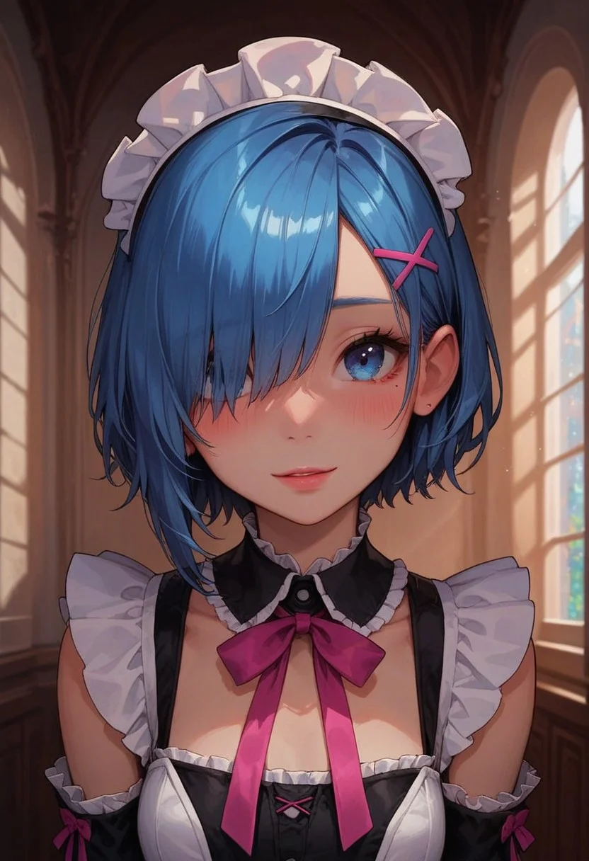 score_9, score_8_up, score_7_up, score_6_up,
1girl, 25 years old, perfect face, cute, petite, close view,
blue eyes,
blue hair, short hair, hair ornament, hair over one eye, x hair ornament,pink ribbon,
maid headdress, black dress, black ribbon, detached collar, detached sleeves, frilled collar, frilled dress,
blush, shy smile, portrait, face focus, detailed face,
inside, castle, big windows, paintings, detailed background,