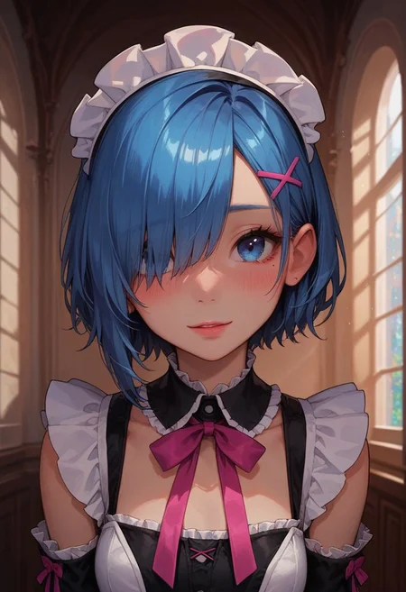 score_9, score_8_up, score_7_up, score_6_up,
1girl, 25 years old, perfect face, cute, petite, close view,
blue eyes,
blue hair, short hair, hair ornament, hair over one eye, x hair ornament,pink ribbon,
maid headdress, black dress, black ribbon, detached collar, detached sleeves, frilled collar, frilled dress,
blush, shy smile, portrait, face focus, detailed face,
inside, castle, big windows, paintings, detailed background,