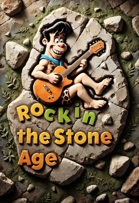 Flintstones cartoon, text "Rockin' the Stone Age", Fred Flintstone playing guitar, DonMF0551l5XL, stark, dramatic, mystical colors, extremely detailed, beautiful, intricate, elegant, luxury, elite, dramatic light, excellent composition, cinematic atmosphere, dynamic background, pristine, attractive, rich, romantic, scenic, thought, best, contemporary, futuristic, epic